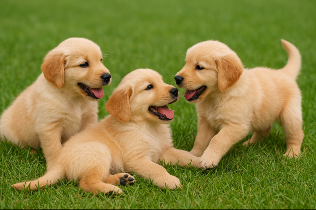 遊んでいるゴールデンレトリーバーの子犬